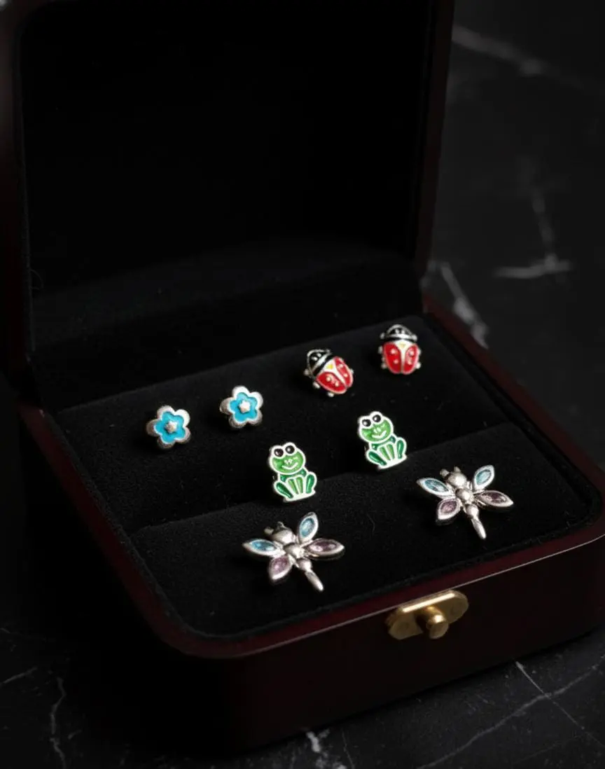 Estuche de Topos Plata 925 - 4 Pares Temáticos